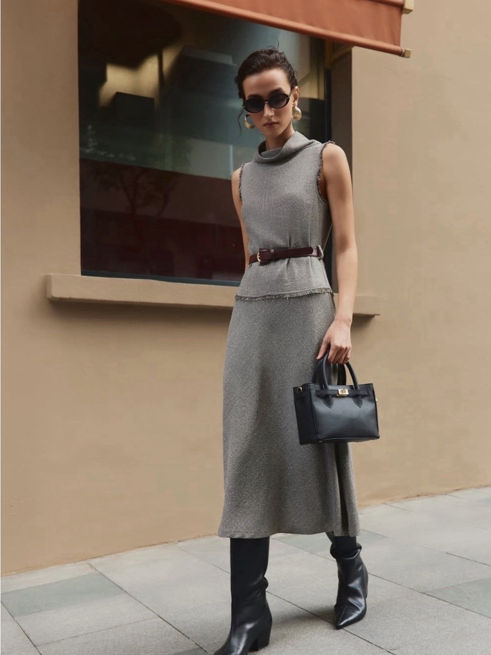Zara Textured Midi Belted Mock Cowl Neck Dress Size L NWT